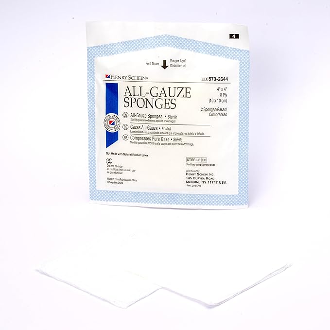Premium 100% Cotton All-Gauze Sponge 4x4 8 Ply Sterile Square for Wound Care & Home First Aid Kits - 50/Box