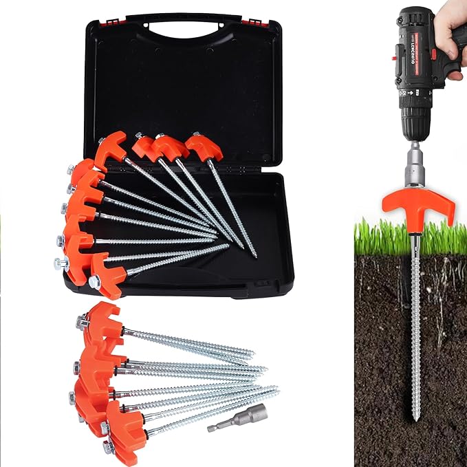 12 Pack 8" Screw in Tent Stakes for Drilling with Hex Heads - Heavy Duty Stainless Steel Tent Pegs/Nails/Spikes, Ground Anchors, Grow in Dark - for Camping, Grassland, Portable Box (Orange)