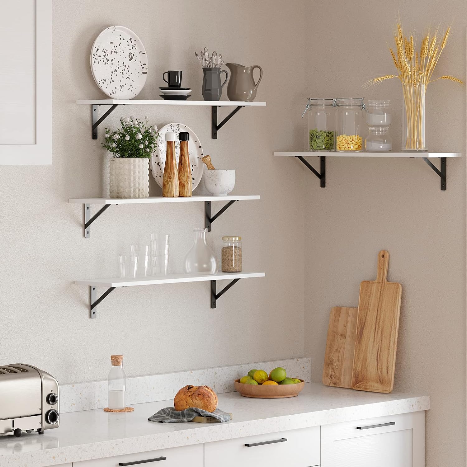 DINZI LVJ Long Wall Shelves, 31.5 x 7.9 x 6.1 Inches, Set of 2 White Floating Shelves, Easy-to-Install, Large Storage Ledges with Sturdy Metal Brackets for Living Room, Bathroom, Bedroom, Kitchen