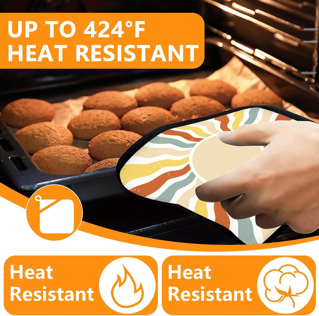 Boho Sun Oven Mitts and Pot Holders Sets 4Pcs,Extra Long Oven Gloves Potholder for Kitchen Cooking Baking BBQ 100% Cotton Heat Resistant