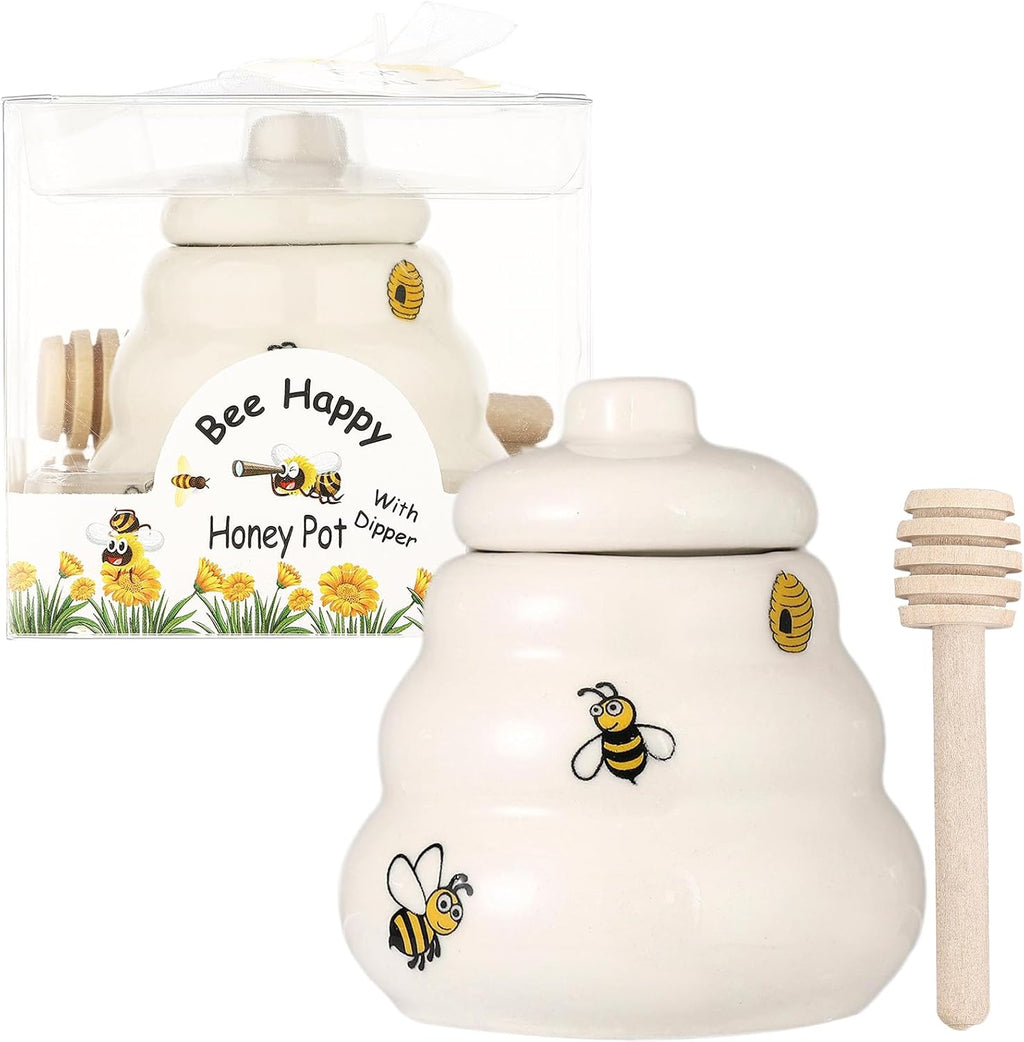 12 Sets Ceramic Bee-Happy Honey Pot with Dipper，Honey Jar Serving Set with Exquisiting Package for Wedding Favor,Bridal Shower Favor, Baby Shower Favor，Party Favor (12)