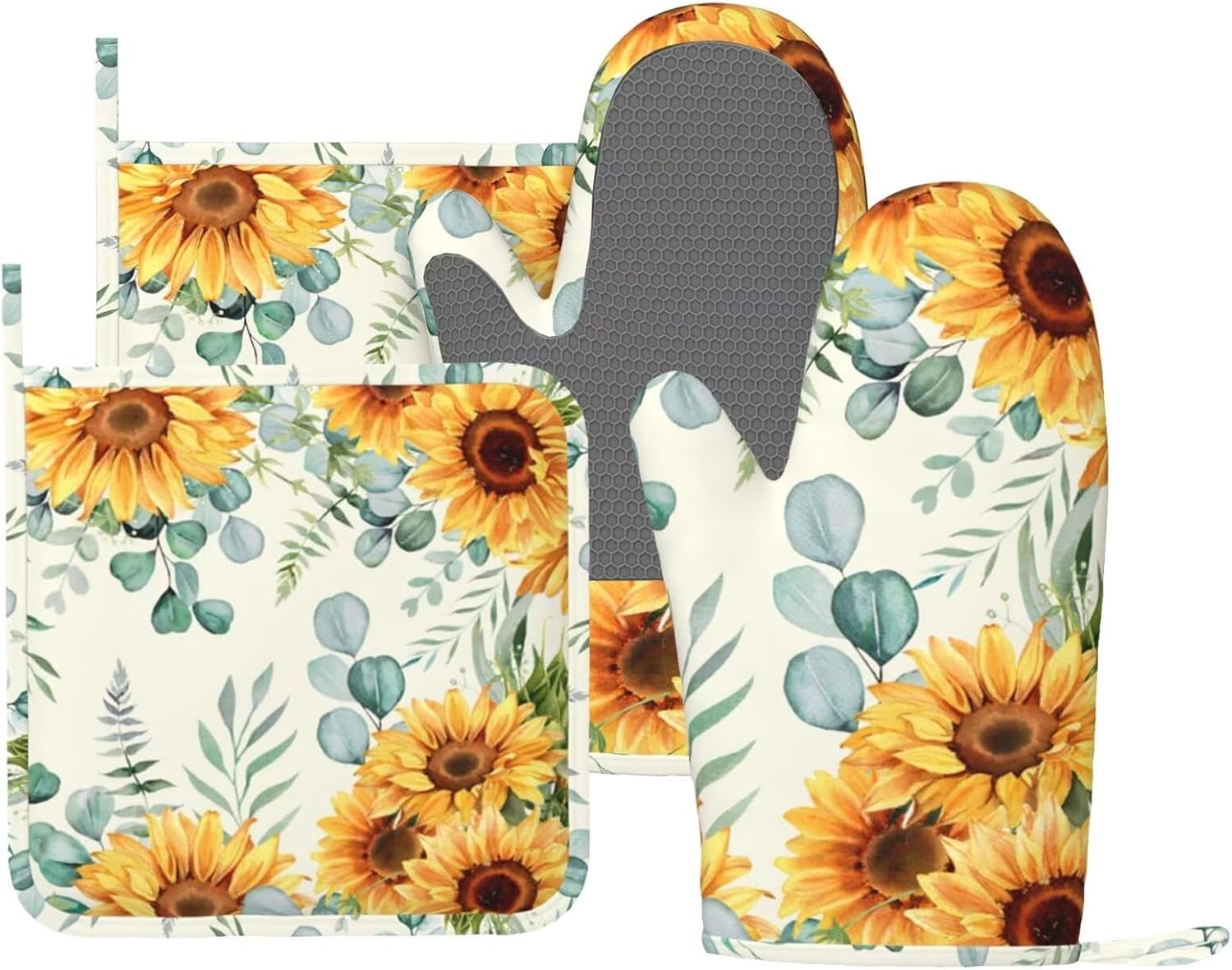 Sunflower Eucalyptus Oven Mitts Pot Holders Set Silicone Heat Resistant Summer Yellow Green Leaves Flowers Oven Mitts and Hot Pads Potholders Non-Slip Oven Gloves for Cooking Baking Grilling