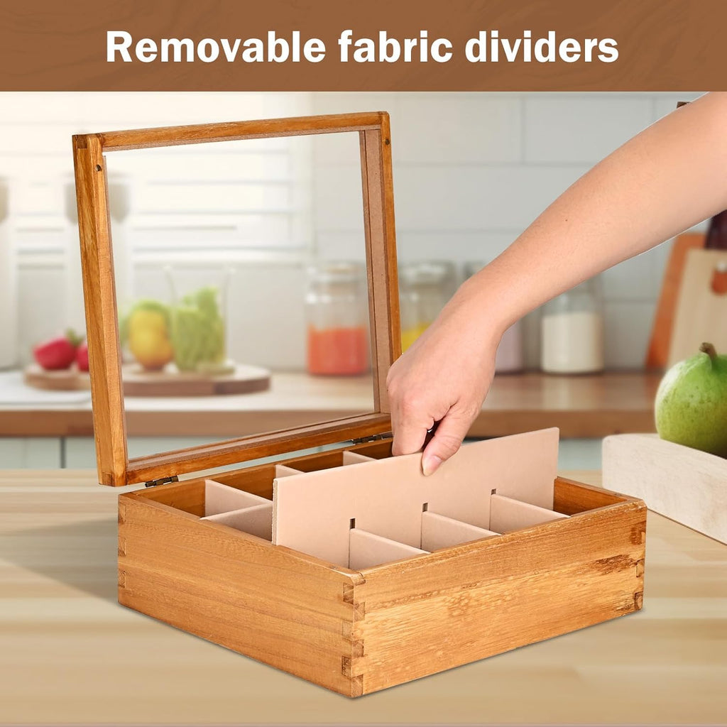Wood Tea Box Organizer 12 Compartment Multi-Functional Storage Box with Clear Acrylic Window,Tea Bag Holder for Cabinet.
