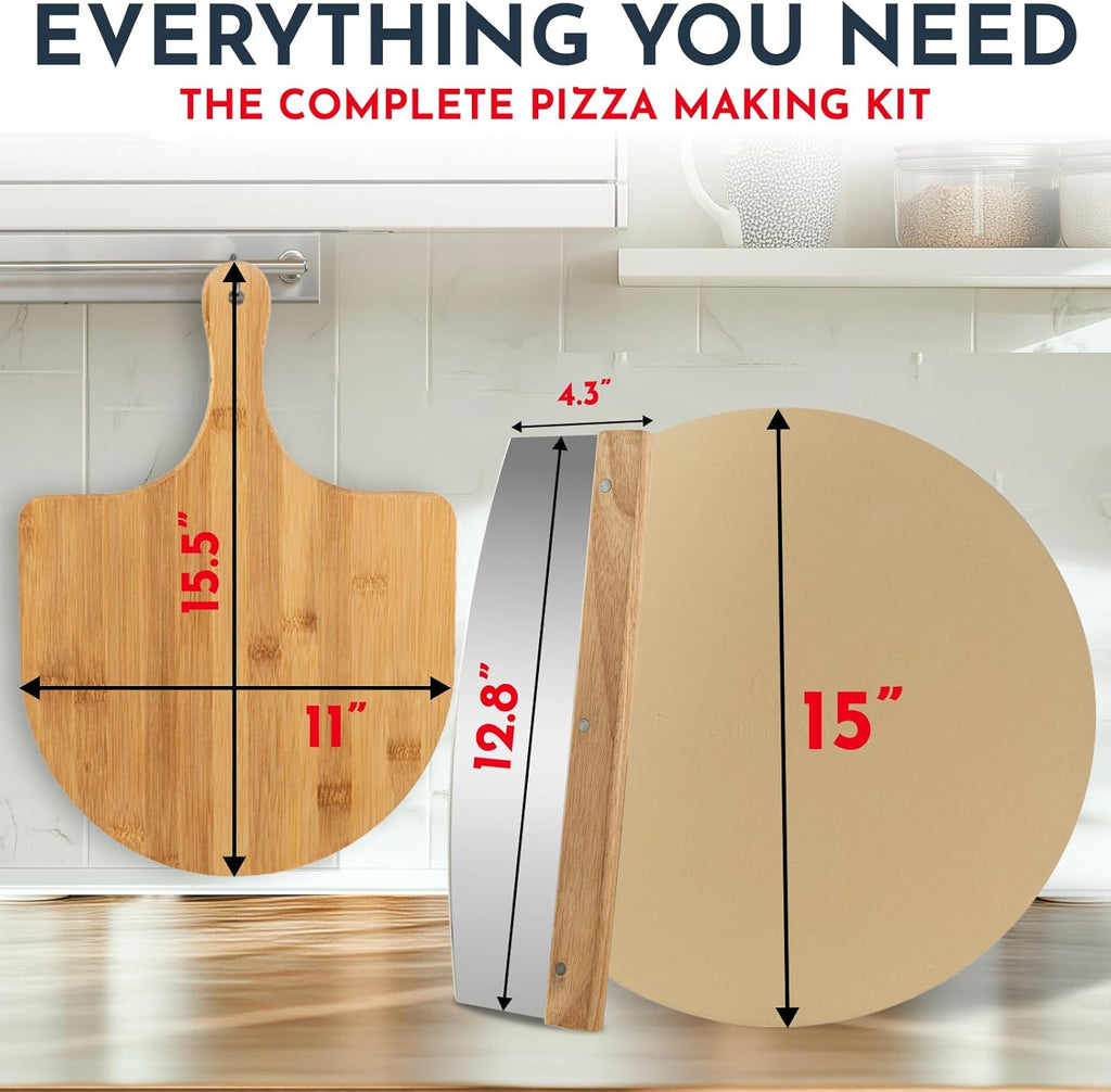 3PCS Round Pizza Stone for Oven Set 15" - Comes with Pizza Peel for Oven and Cutter - Cordierite Stones for Bread, Calzone, Cookies