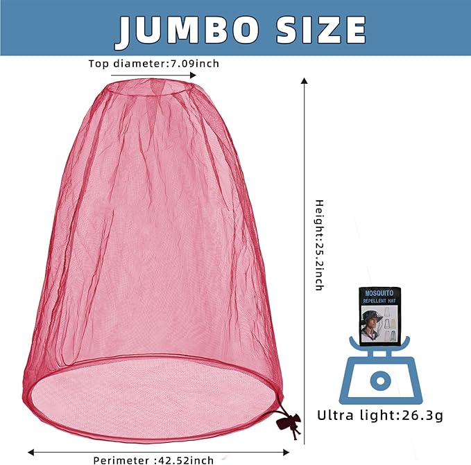 2 Pack Ultra Large Mosquito Net 42x25 Inches Mosquito Head Net Oversized Insect Netting Bug Net Fits Most Hats for Gardening Hiking Fishing Traveling(Pink)