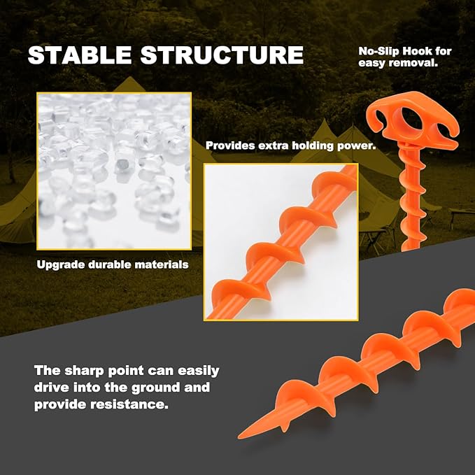 Tent Stakes Sand Stakes for Beach Tent Spiral Anchor Stakes 9.4 Inch Heavy Duty Screw Canopy Stakes for Camping, Hiking and More (6, Orange)