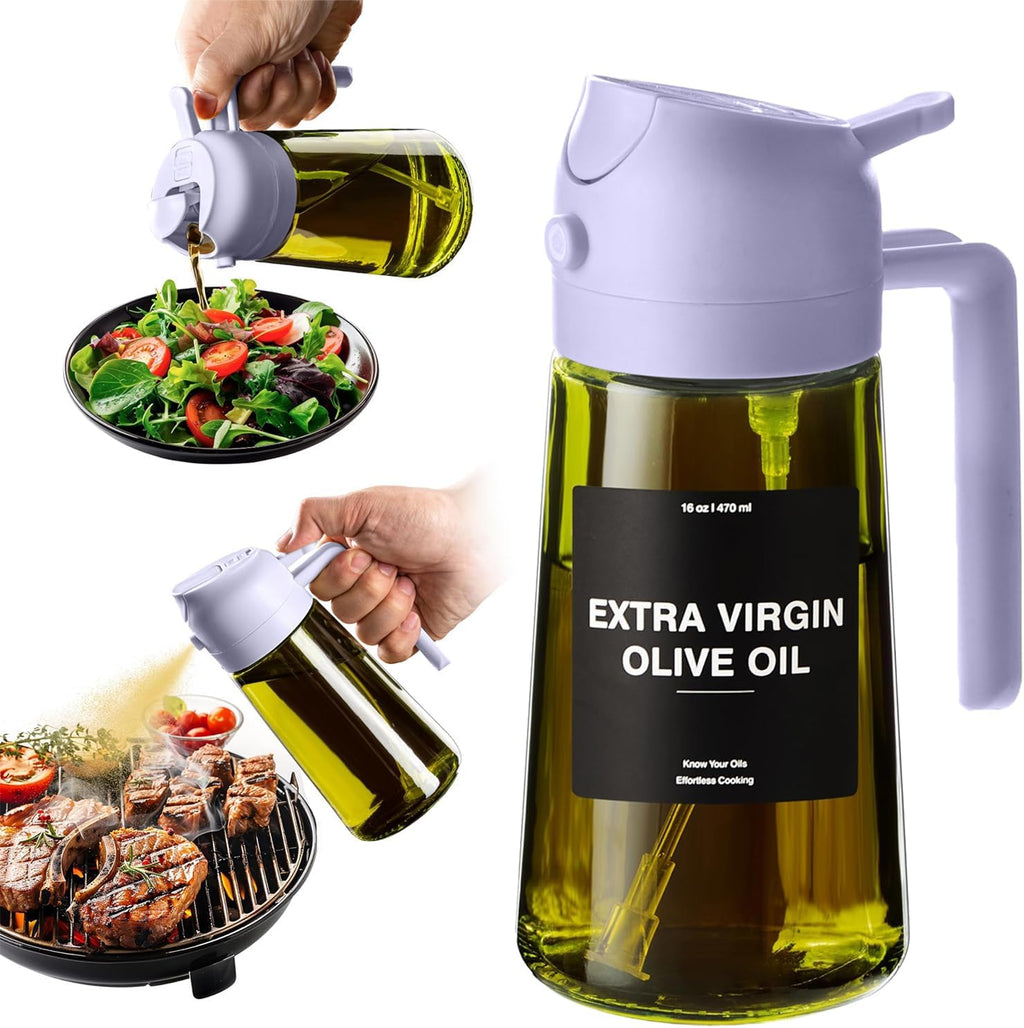 CXINYI - 16oz/470ml Olive Oil Dispenser for Kitchen with Stickers - 2 in 1 Olive Oil Sprayer for Cooking, Air Fryer, and Salad, Purple (Light-Proof Kitchen Gadget)