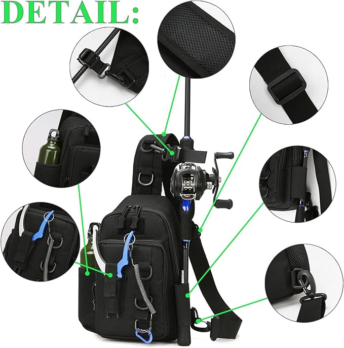 Fishing Sling Bag - Small Fishing Tackle Storage Bags with Rod Holder((Black)