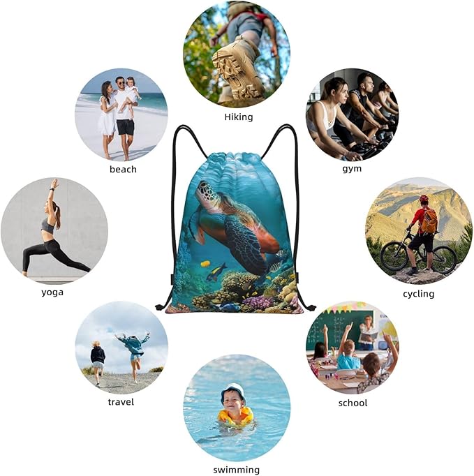 Sea Turtle Drawstring Bags Turquoise Drawstring Backpack Cute Fish Sackpack Draw String Cinch Bags for Sports, Gym, Travel, Swimming, Beach, Camping