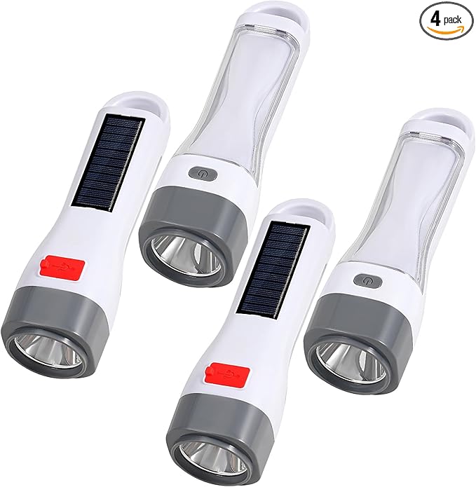 4 Pack Solar LED Flashlight for Power Outages, Rechargeable Camping Flashlights with High Lumens, 5 Modes, Powerful and Bright Tactical Flash Light for Emergency, Outdoor, Home Use