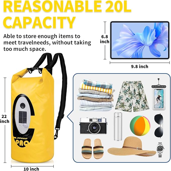 20L Solar Dry Bag Backpack with Bluetooth Speaker,4 Lighting Mode LED Storage Bag,Solar or USB Rechargeable,IP66 Waterproof for Fishing Hiking Floating