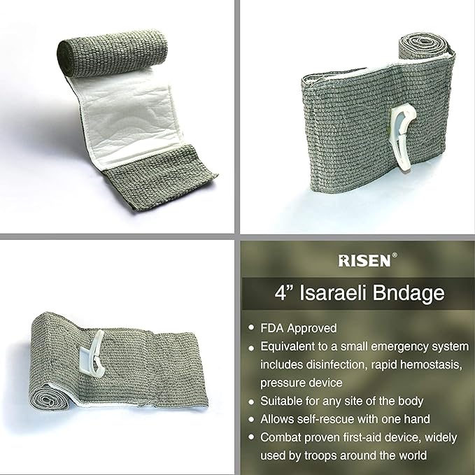 RISEN Israeli Bandage Vacuum Sterile Compression Bandages for First Aid Emergency Battle Wound Dressing Self-Rescue, 4 Inch, 1 Pack