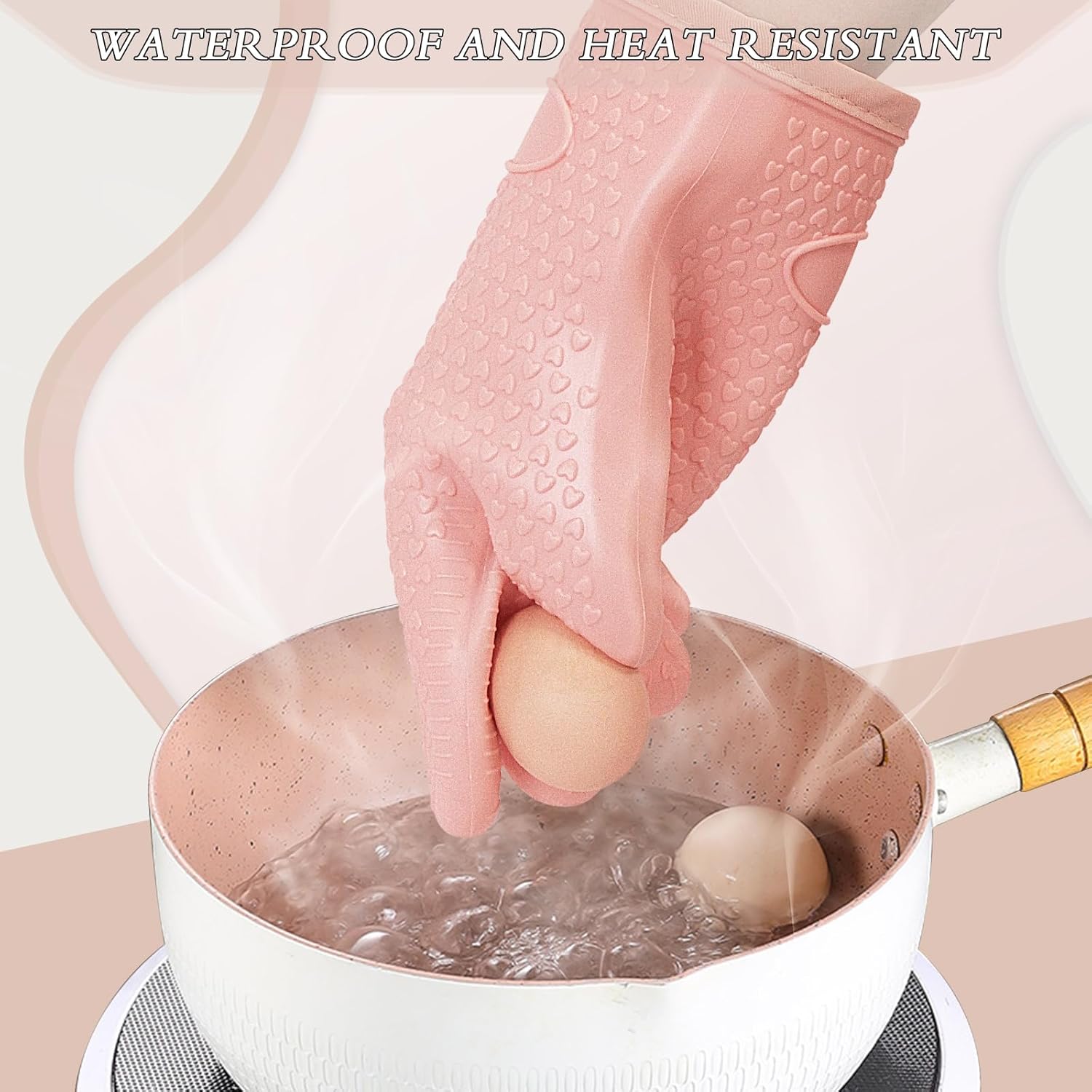 Oven Mitts with Fingers, Heat Resistant 500°F, Waterproof & Non-Slip Kitchen Gloves for Baking, Grilling, Cooking.5-Finger Design with Soft Lining, Hanging Hook,Pink