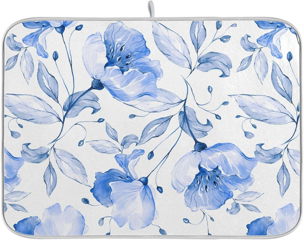 Spring Blue Flowers Leaves Dish Drying Mat for Kitchen Counter Absorbent Microfiber Drying Pad, Large 18x24 in, Reversible Drainer Mats
