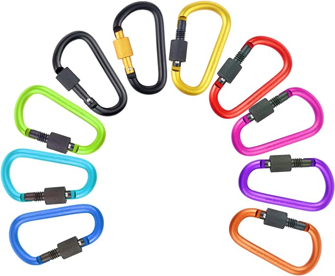 10 Pack Aluminum D Ring Key Rings Hiking Clips Locking Carabiner for Hiking Camping Fishing and Outdoor Use，Clips with Screw Gate Multicolored