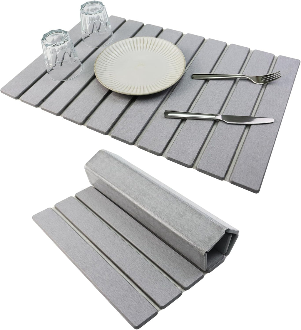 Large Stone Drying Mat for Kitchen Counter Diatomaceous Earth Collapsible 24”（L）*16”（W）Super Heat Resistant Mats, Quick Absorbent Dish Drying Rack（Light Gray）