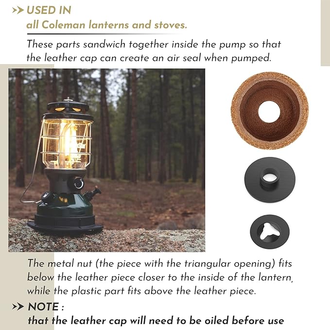 3000005094 For Coleman Lantern Stove Pump Cup Replacement Kit with Leather Pump Cap,Metal Nut and Plastic Cap for Air Seal (Compatible with Coleman Multiple Models)-1 Pack