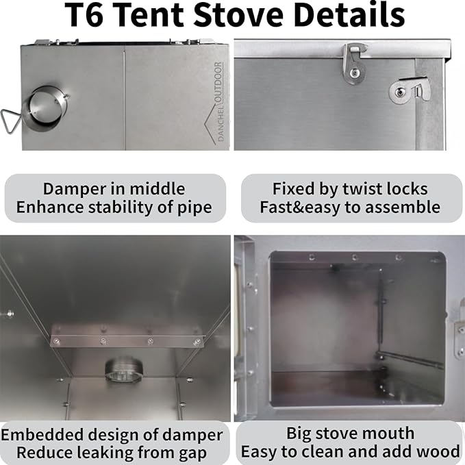 DANCHEL OUTDOOR T6 Ultralight Titanium Wood Stove for Camping Backpacking, 4.4lbs Folding Hot Tent Stove with 7.2ft Chimney Pipe, Easy Setup for Solo Survival, Cooking