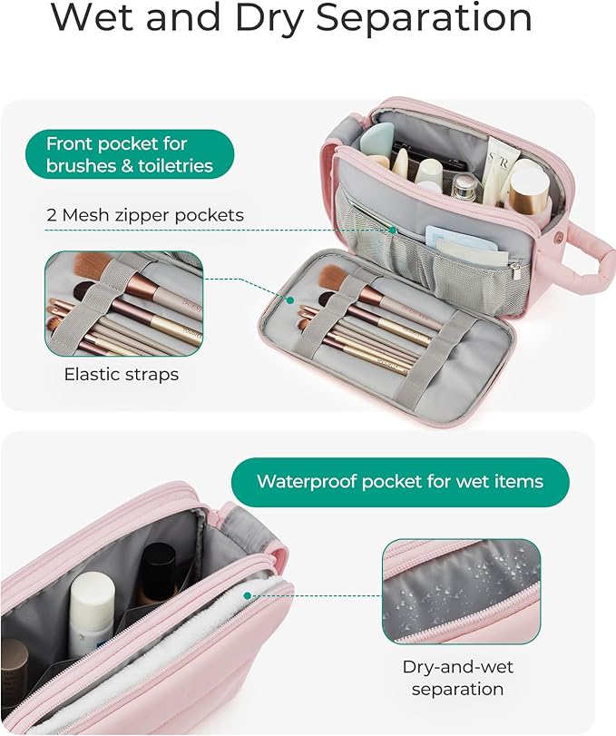 BAGSMART Travel Toiletry Bag for Women, Puffy Cosmetic Makeup Bag Organizer, Large Wide-open Travel Organizer for Toiletries, Dopp Kit Water-resistant Makeup Case for Accessories-Pink