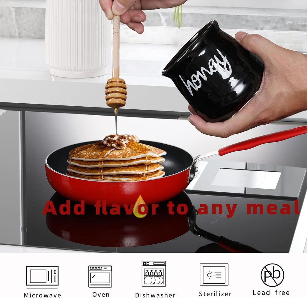 Honey Jar with Dipper and Lid, Ceramic Honey Pot 12oz, Black