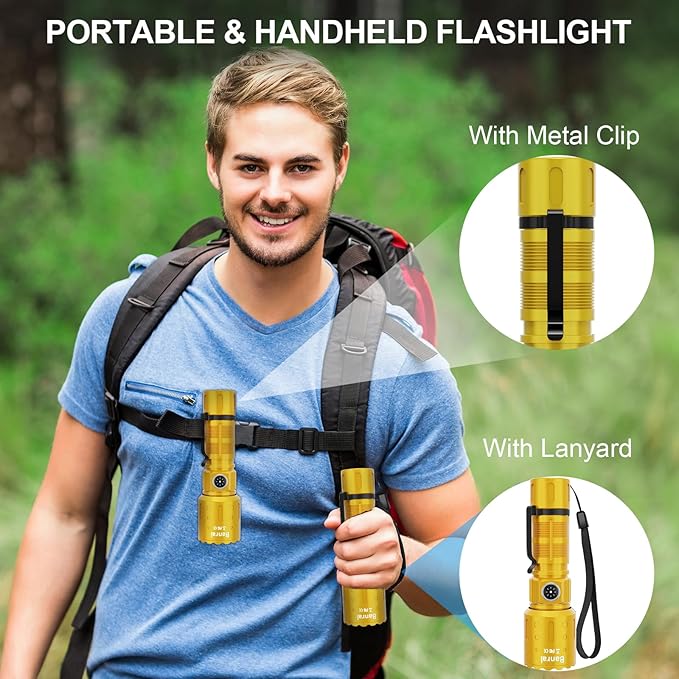 Flashlights High Lumens Rechargeable, 20000 Lumens Super Bright 1500 Meters Long Range Small Powerful Flashlight, 6 Modes LED Tactical Pocket Waterproof Flash Light for Home Emergency (2, Yellow Gold)