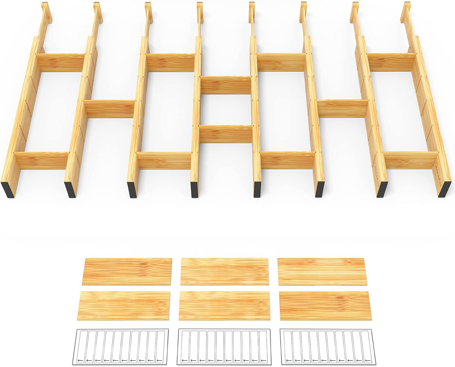 SpaceAid Bamboo Drawer Dividers with Inserts and Labels, Kitchen Adjustable Drawer Organizers, Expandable Organization for Home, Office, Dressers and Bathroom, 8 Dividers with 18 Inserts (17-22 in)
