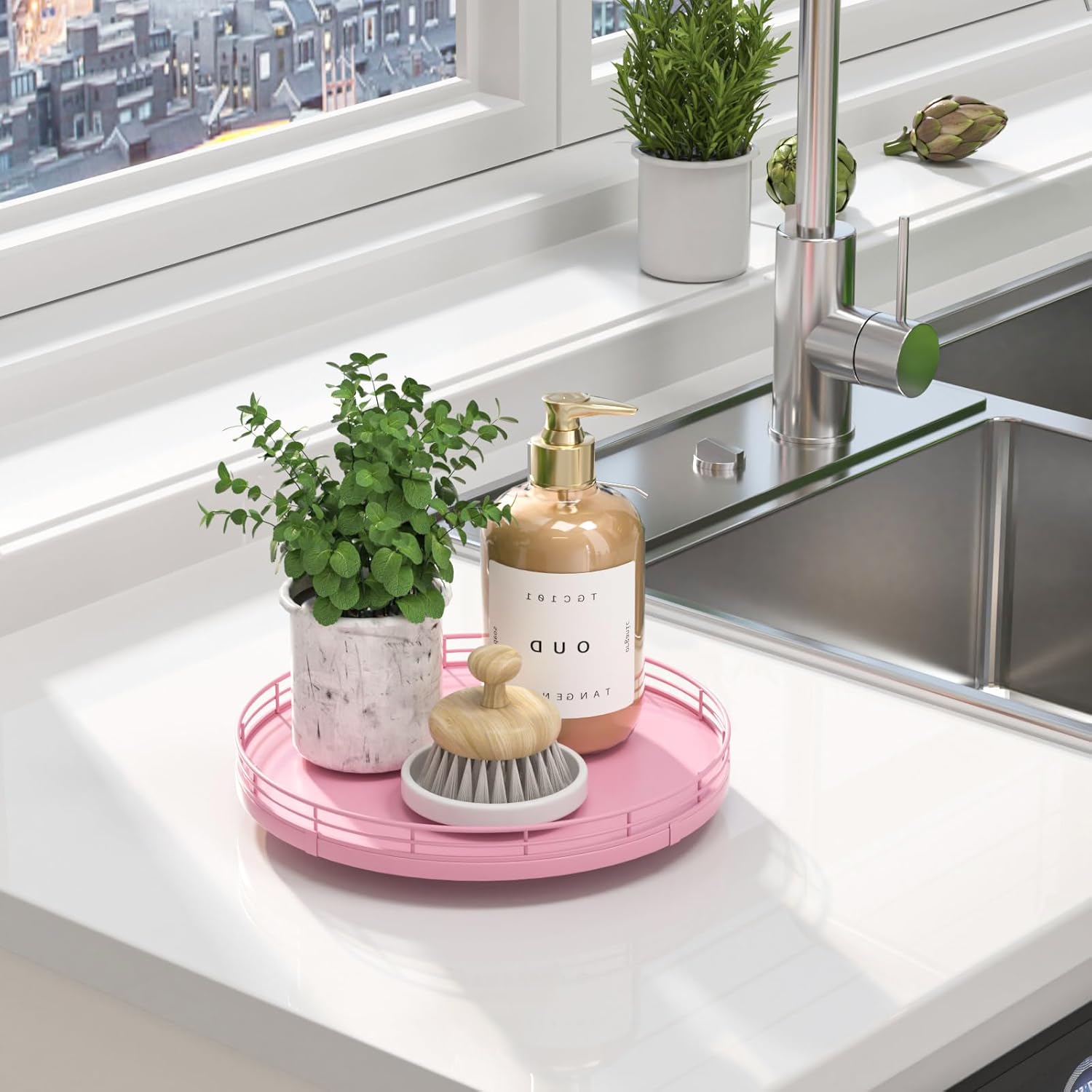 10" Oak Wood Bathroom Tray for Counter, Vanity Tray for Perfume Lotion Candle Makeup Jewelry Sink Soap Holder Turntable Dresser Organizer Countertop Coffee Table Decor Organization and Storage Pink