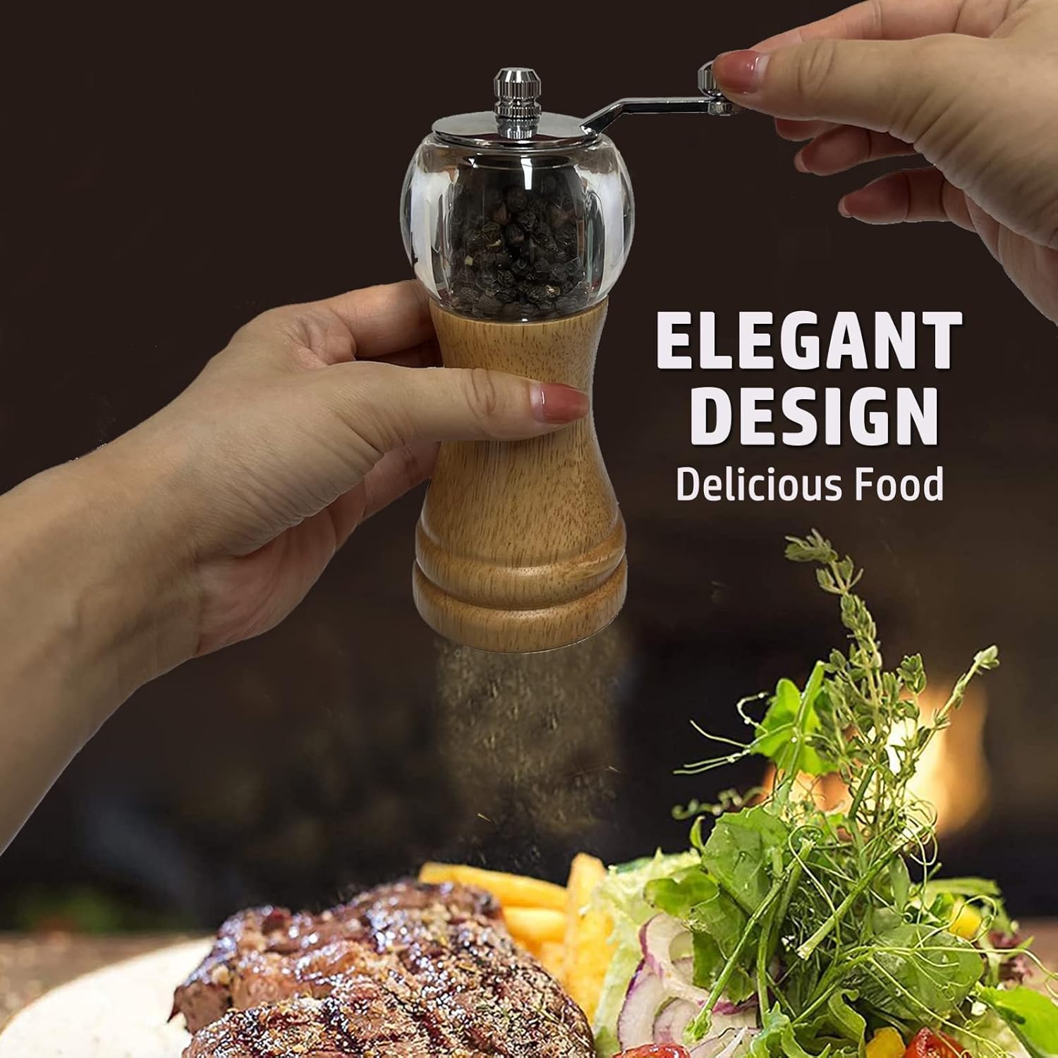 Pepper Mills Set Manual Pepper Grinder, Classical Hand Shake Pepper Grinder Set, Wooden Salt & Pepper Mill Ceramic Blades Metal Handle Sea Salt Mills, Enjoy Fresh Ground Pepper Various Spices