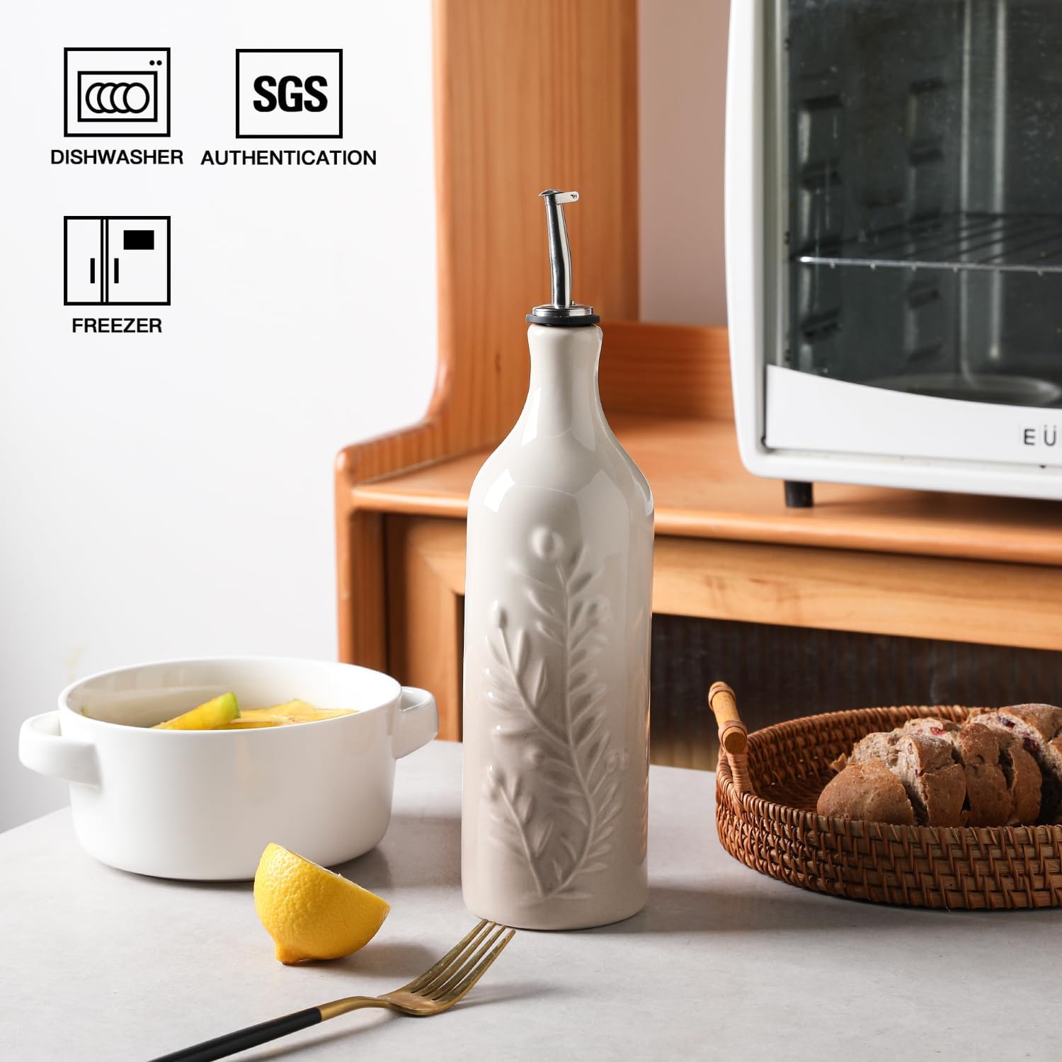 Sweejar Large Olive Oil Dispenser Bottle with Spout, 24 Oz Ceramic Oil Dispenser for Kitchen, Relief Opaque Cruet, Container for Cooking, EVOO, Vinegar, Pack of 1 (GradientFogGray)