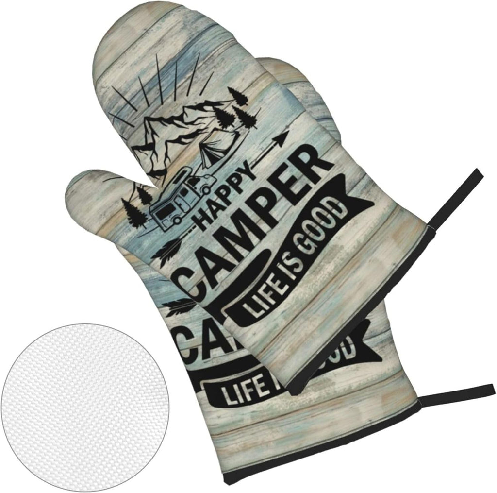 Happy Camper Oven Mitts and Pot Holders Sets of 4,Resistant Hot Pads with Polyester Non-Slip BBQ Gloves for Kitchen,Cooking,Baking,Grilling