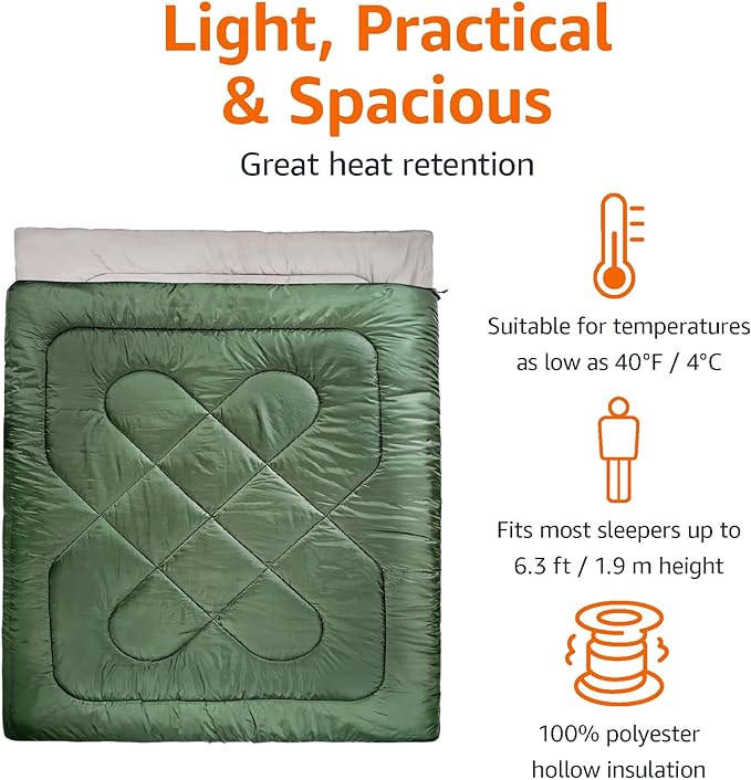 Amazon Basics 3-Season Durable Sleeping Bag for Adults, Olive Green, Queen, Ideal for Hiking