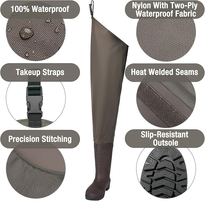 Hip Waders Waterproof Hip Boots Cleated 2-Ply Nylon/PVC Fishing Hip Wader