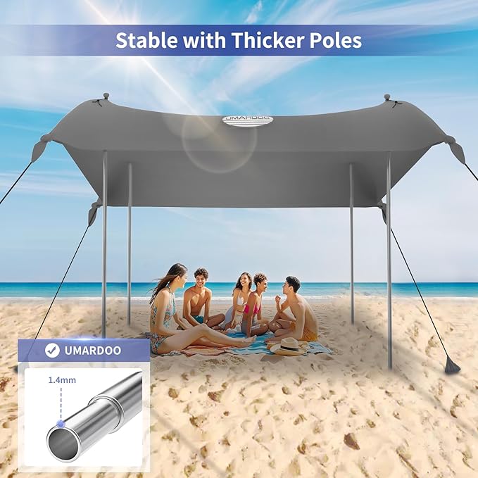 UMARDOO Family Beach Tent Canopy Sun Shade Portable, Large Compact Beach Sun Shelter Easy Setup with Packable Bag for Outdoor Travel (Grey, 10X10 FT. 4Poles)