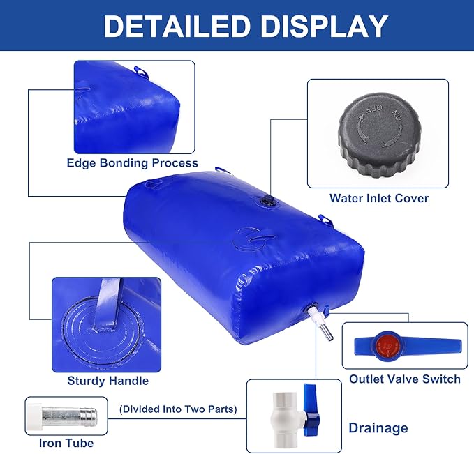 1400 L/370 Gal Water Bladder Tank, Foldable Portable Water Storage Container, Emergency Water Bag for RV, Truck Bed, Fire Prevention, Drought Resistance, Blue