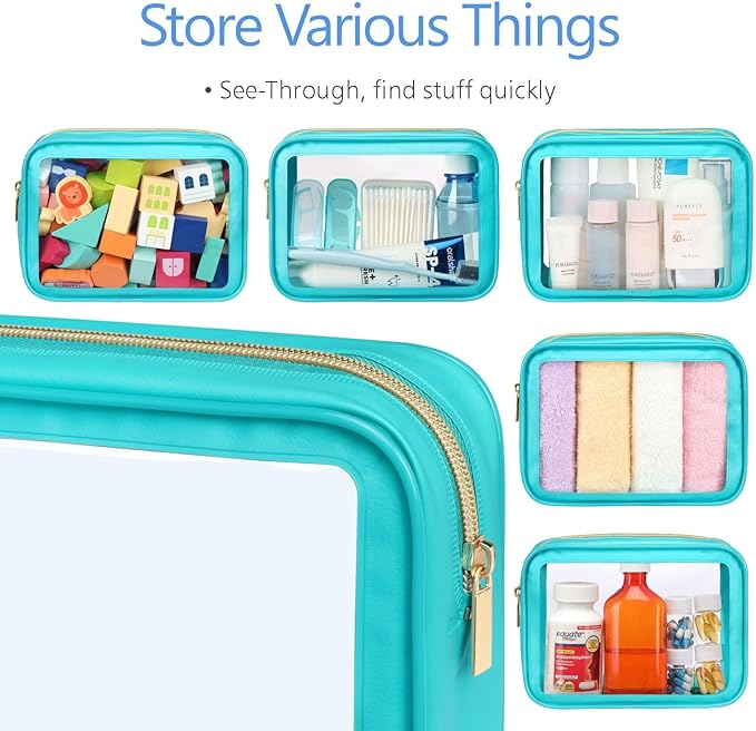 PACKISM TSA Approved Toiletry Bag - 2 Pack Upgrade Color-Edged Clear Makeup Bag, Clear Toiletry Bag For Traveling Fits Various Storage Needs, Turquoise (2 Sizes)