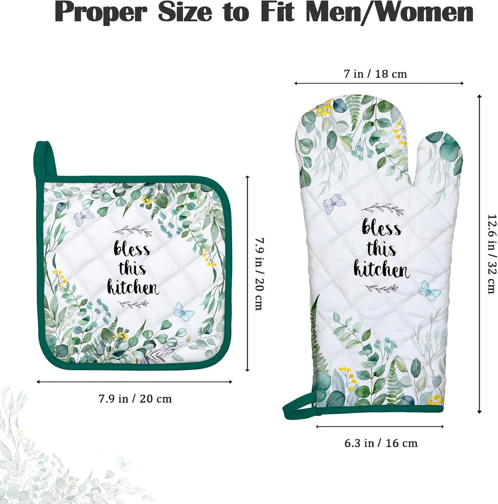 Eucalyptus Leaf Oven Mitts and Pot Holders Sets 2Pcs, 100% Cotton Heat Resistant, Extra Long Oven Gloves Potholder for Kitchen Cooking Baking Decoration