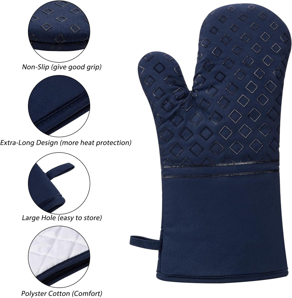 Set of 4 Oven Mitts and Pot Holders, 482 F Heat Resistant Hot Plate Moving Non-Slip Gloves for BBQ, Grill, Baking, Cooking, Oven, Microwave (Deep Blue)