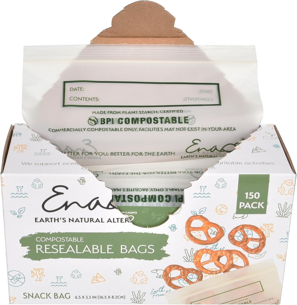 100% Compostable Food Storage Bags [Snack 300 Pack] Eco-Friendly Freezer Bags, Resealable Bags, Heavy-Duty, Reusable, Off-White by Earth's Natural Alternative