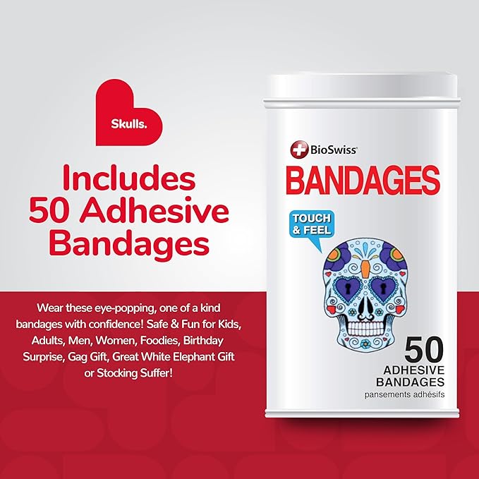 BioSwiss Bandages, Skulls Shaped Self Adhesive Bandage, Latex Free Sterile Wound Care, Fun First Aid Kit Supplies for Kids, 50 Count