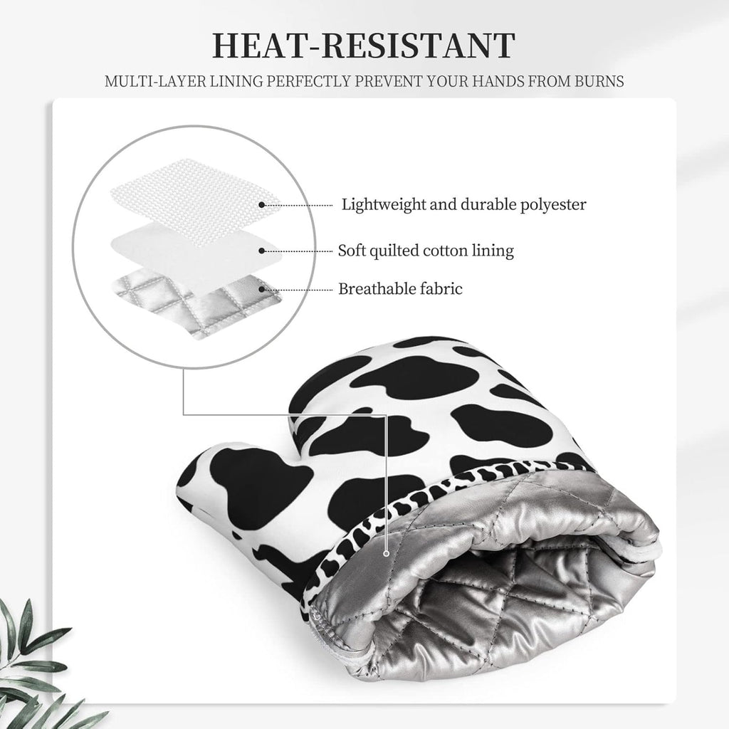 Cow Print Oven Mitts and Pot Holders Sets of 2,Resistant Recycled Infill Silicone Non-Slip BBQ Gloves for Kitchen,Cooking,Baking,Grilling