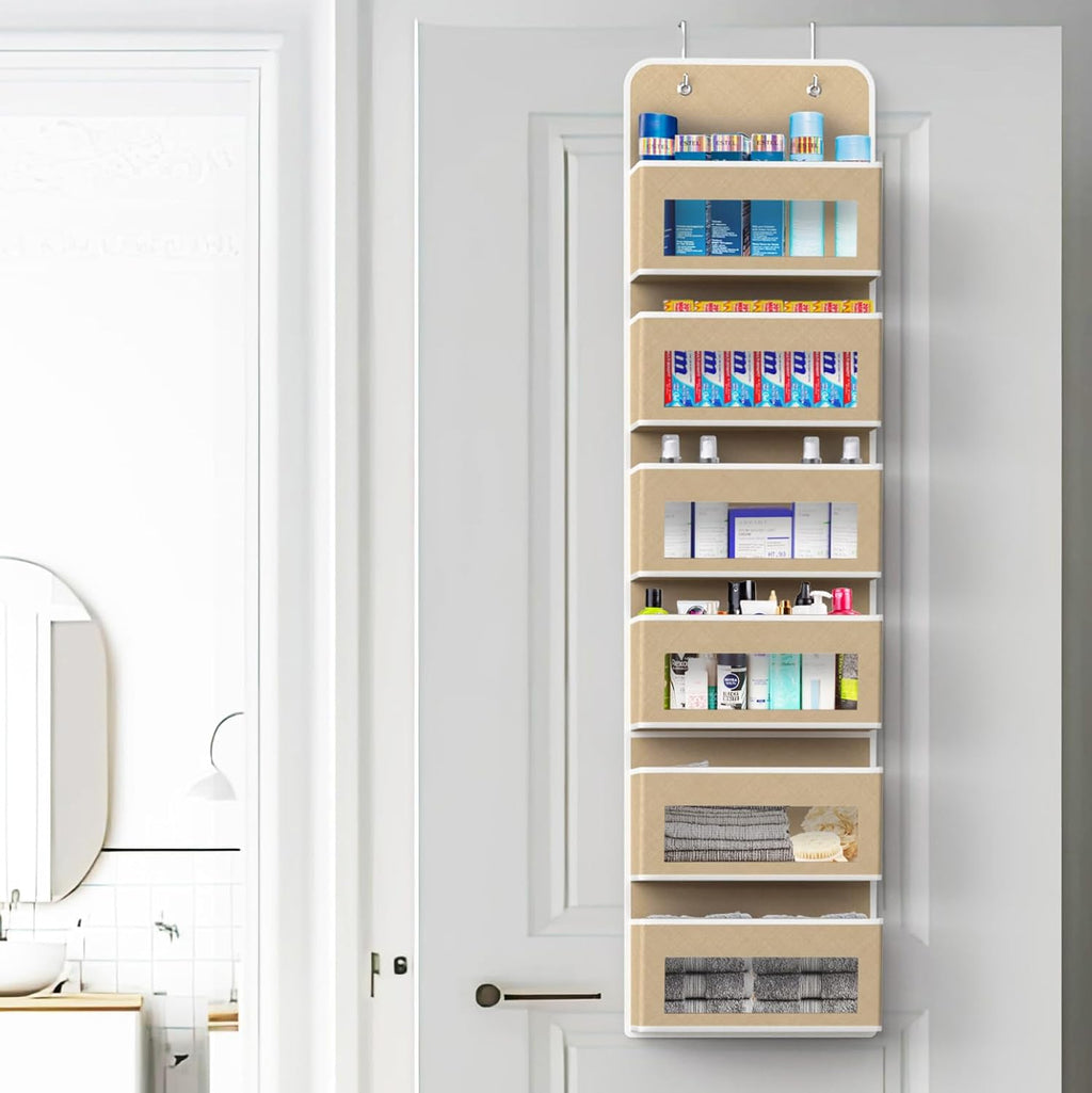 SIMPLE HOUSEWARE 6 Clear Window Pocket Over Closet Door Storage Hanging Organizer for Bedroom, Bathroom, Pantry, Beige