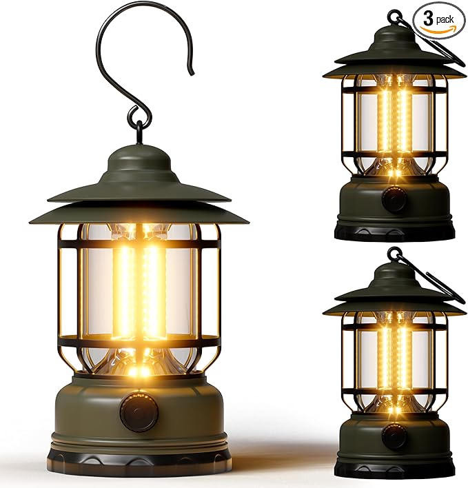 3 Pack LED Camping Lanterns Battery Powered Rechargeable Lantern with Stepless Dimming Vintage Portable Camping Lights & Lanterns for Emergency Fishing Camping Hiking Power Outage Tabletop