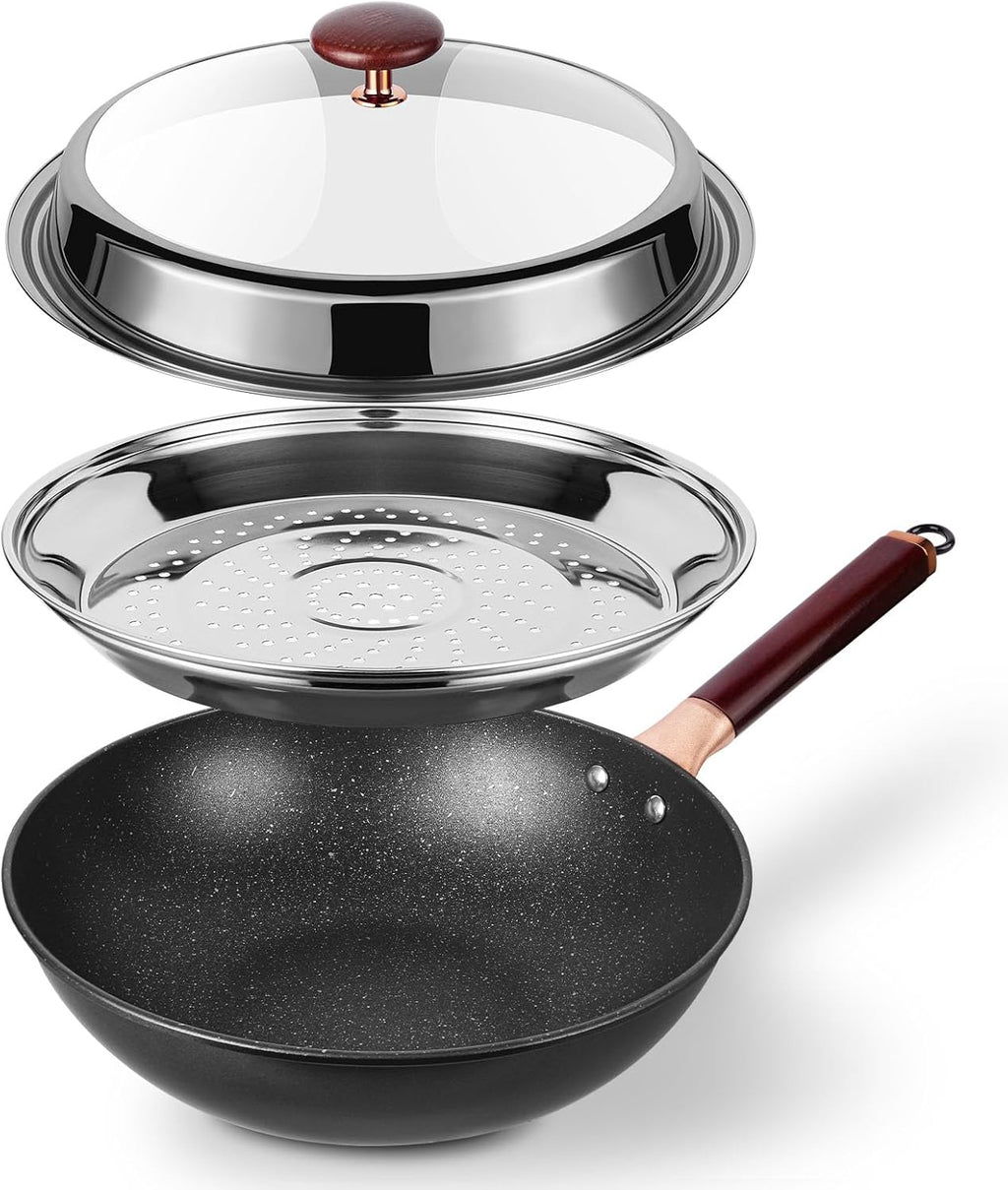 12.5” Woks & Stir-Fry Pans with Lid Steamer, Nonstick Ceramic Wok Pan with Lid, Deep Large Induction Hard Anodized Frying Wok, Carbon Steel Wok Set Flat Bottom, Large Saute Pan Set