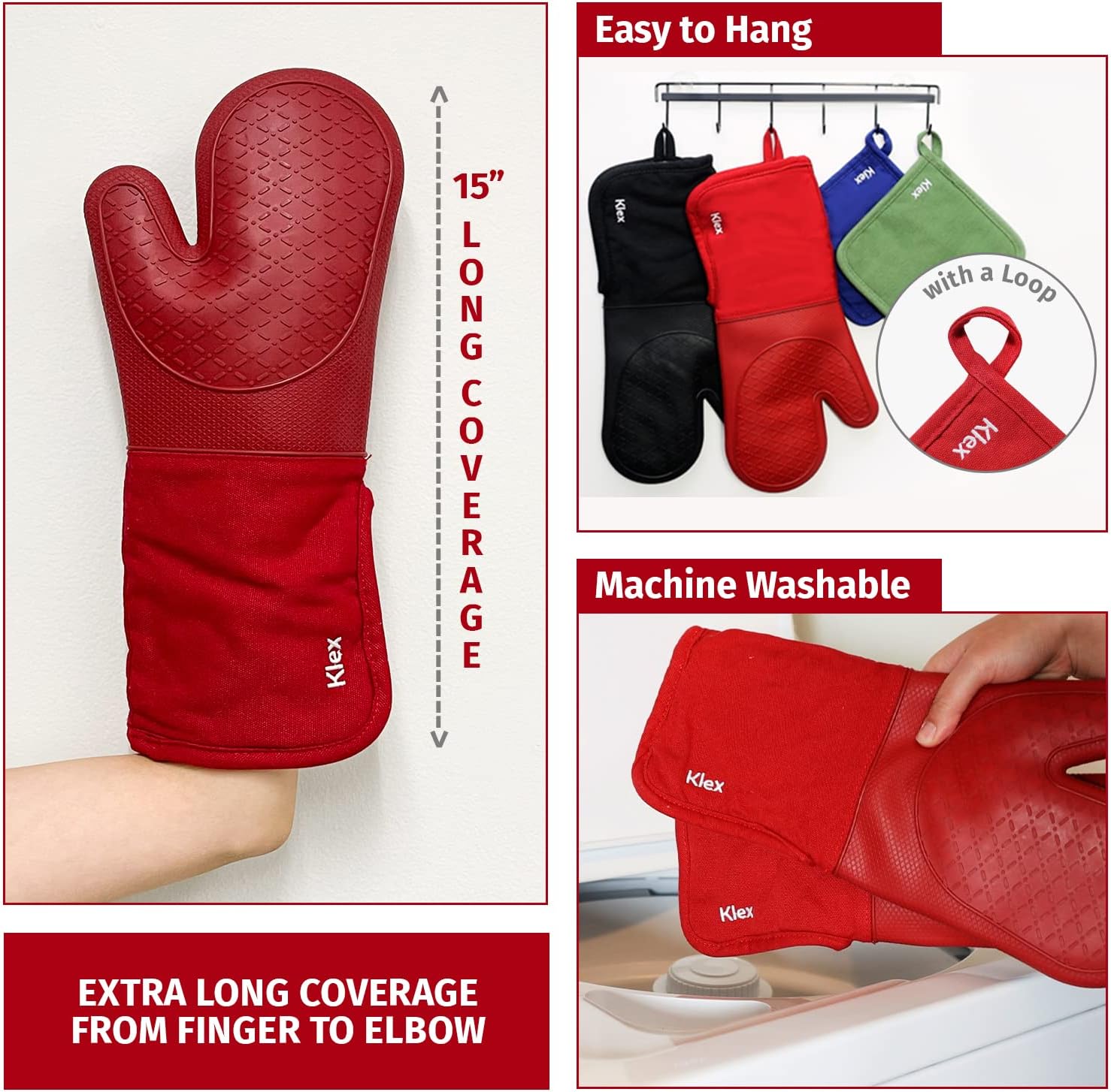 Klex Extra Long Silicone Oven Mitts and Pot Holders, 932°F Degrees Heat Resistance with Quilted Liner Oven Gloves and Hot Pads, 4 Piece Set, 15 inch, Red