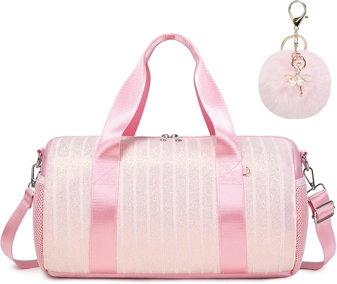 Dance Bag for Girls Dancers Ballet Bag Shiny Glitter Sports Gym Duffle for Little Girls Ballerina Duffel with Shoulder Strap and Furball Keychain