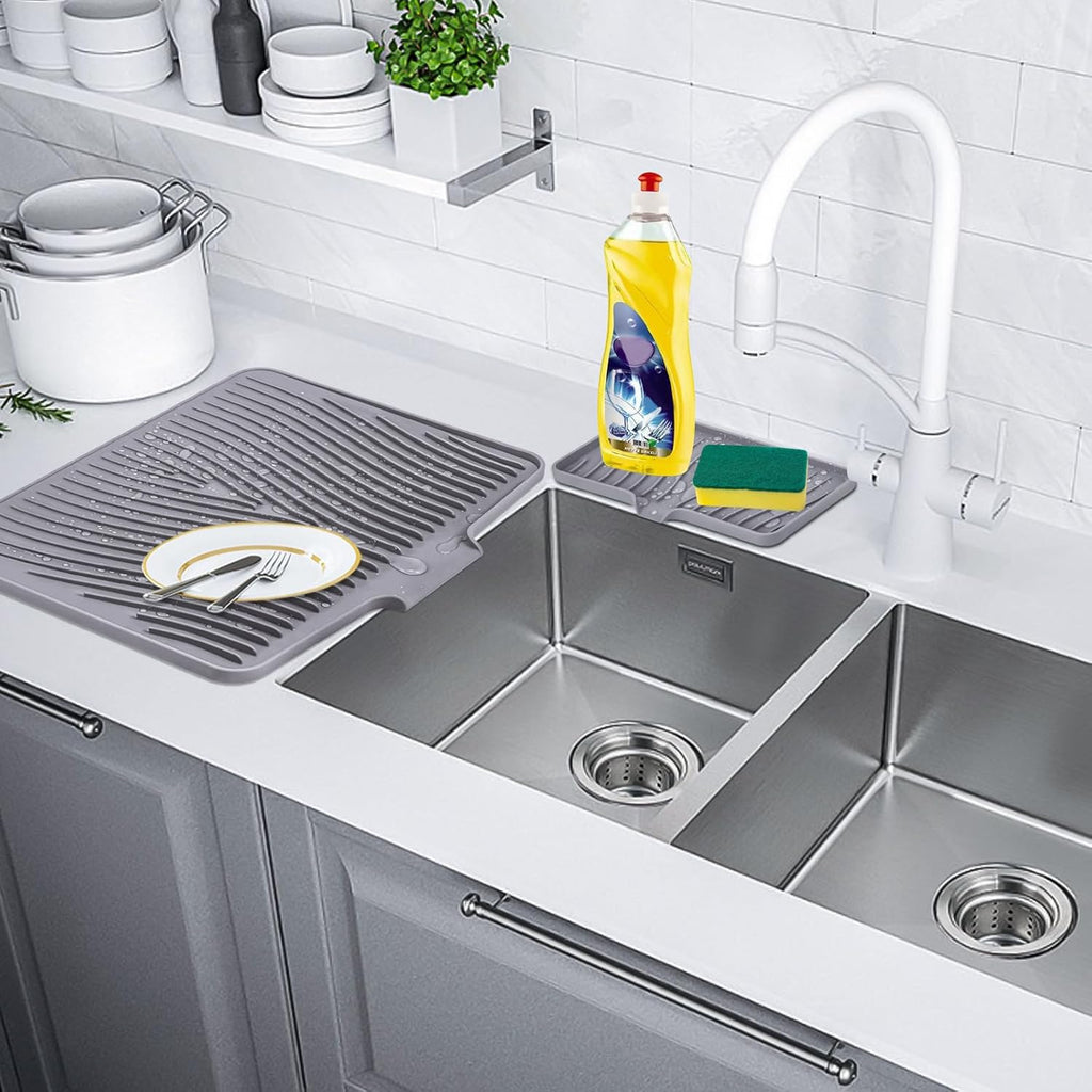 Silicone Dish Drying Mat for Kitchen Counter, Dish Drying Pad, Non-Slip Drain Pad with Built-in Drain, Heat Resistant Stone Drying Mat, 1 set XL(Grey)