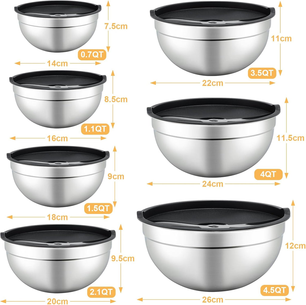 7 Piece Mixing Bowl Set, Mixing Bowls with Lid, Stainless Steel Mixing Bowls for Baking, Size 0.7, 1.1, 1.5, 2.1, 3.5, 4, 4.5QT, Baking Bowl for Food Preparation, Mixing and Serving Foods