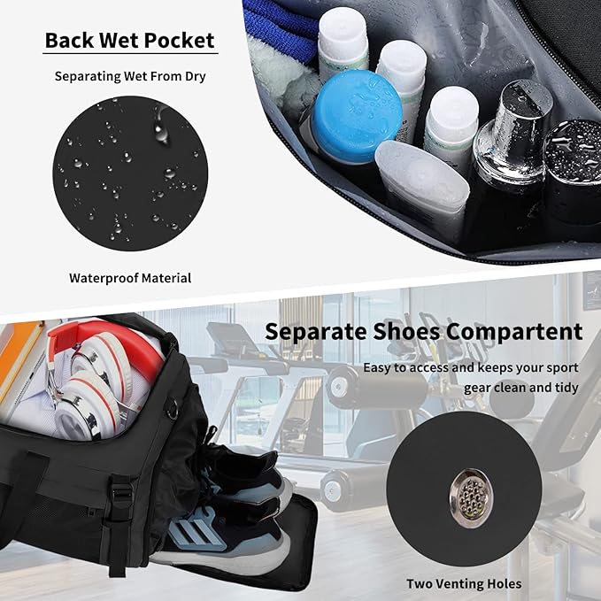 Eackrola Large Sports Gym Bag, Travel Duffel bag with Wet Pocket & Shoes Compartment for men women, 65L, Lightweight（Black）