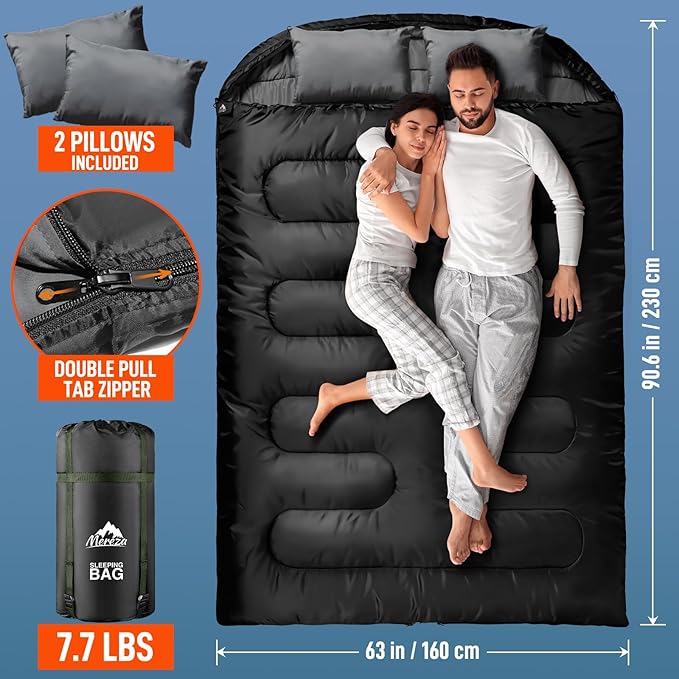 MEREZA Double Sleeping Bag for Adults Mens with Pillow, XL Queen Size Two Person Sleeping Bag for All Season Camping Hiking Backpacking 2 Person Sleeping Bags for Cold Weather & Warm