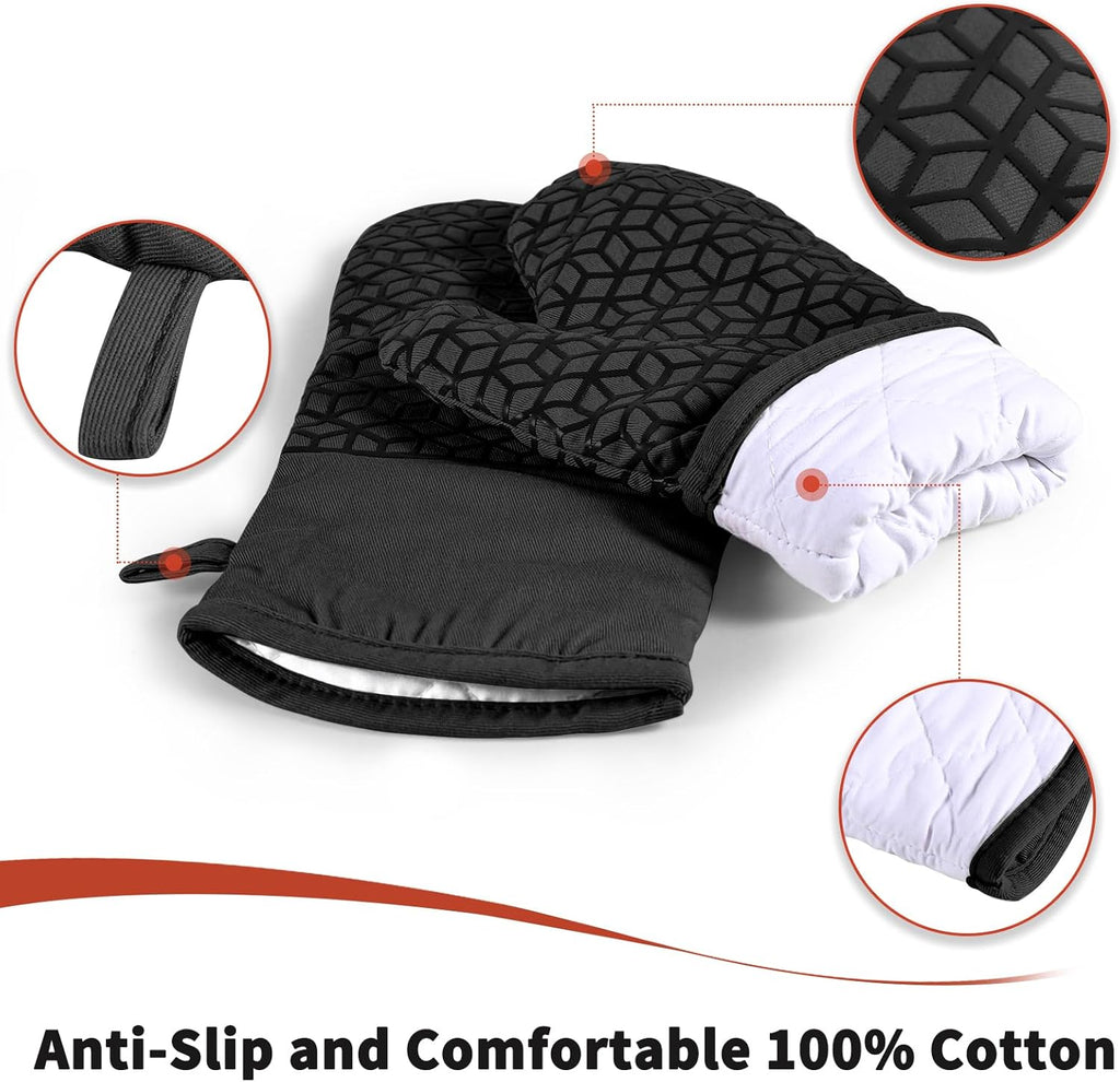 Oven Mitts and Pot Holders,500 ℉ Heat Resistant Oven Mitts Sets,Silicone Oven Gloves, Non-Slip Silicone Textured Grip,Black